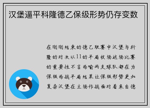 汉堡逼平科隆德乙保级形势仍存变数
