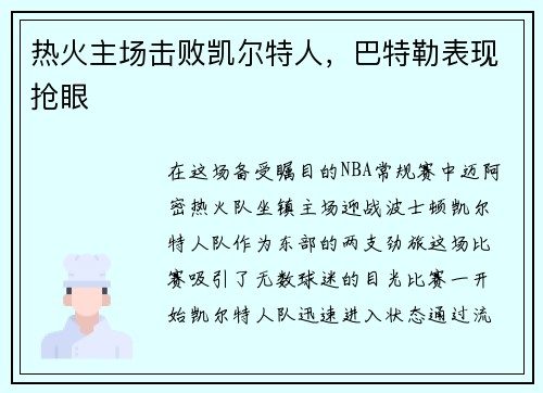 热火主场击败凯尔特人，巴特勒表现抢眼